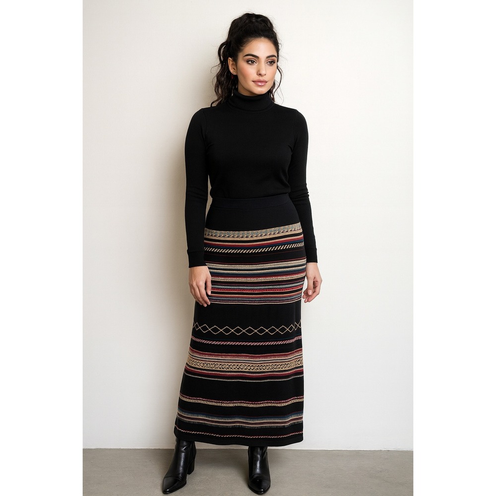 Foxcroft NYC Black Striped Southwestern Maxi Skirt Size‎ S
